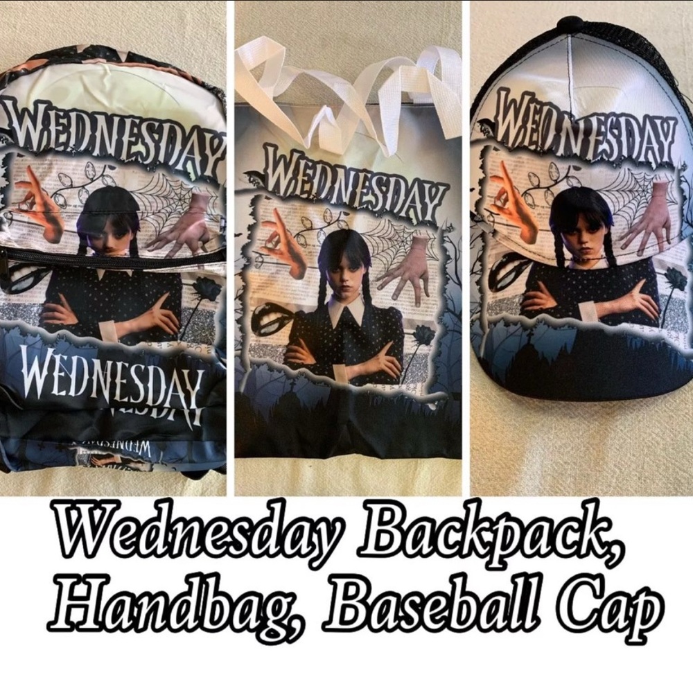 Wednesday Addams Backpack. 3 piece Set.
Back Pack size 12” X 16” X 4”.